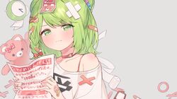  1girl :t absurdres alarm_clock bandaged_fingers bandages bandaid bandaid_on_finger bandaid_on_hand bare_shoulders bear_hair_ornament blush bow braid choker clock closed_mouth collarbone commentary_request crossed_bandaids double_bun green_eyes green_hair hair_bow hair_ornament hairclip highres holding kanase_(mcbrwn18) looking_at_viewer morinaka_kazaki nail_polish nijisanji off_shoulder pink_nails pout red_bow red_choker shirt solo stuffed_animal stuffed_toy tears teddy_bear upper_body white_shirt x_hair_ornament 