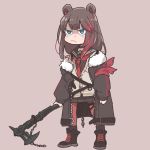  1girl animal_ears arknights axe bangs bear_ears black_choker black_footwear black_hair black_jacket black_legwear black_sailor_collar black_shirt black_skirt blue_eyes boots breasts brown_hair brown_skirt cardigan choker commentary cross-laced_footwear earphones earphones eyebrows_visible_through_hair fur-trimmed_jacket fur_trim grumpy hair_between_eyes holding holding_axe jacket kneehighs lace-up_boots long_hair long_sleeves multicolored_hair open_clothes open_jacket pantyhose red_legwear red_neckwear redhead ree_(re-19) sailor_collar school_uniform serafuku shirt skirt small_breasts solo standing streaked_hair v-shaped_eyebrows weapon white_cardigan zima_(arknights) 