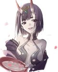  1girl alcohol bangs bare_shoulders blush bob_cut breasts cha_chazi collarbone cup fangs fate/grand_order fate_(series) headpiece horns japanese_clothes kimono long_sleeves looking_at_viewer oni oni_horns open_mouth petals purple_hair purple_kimono revealing_clothes sakazuki sake short_hair shuten_douji_(fate/grand_order) skin-covered_horns small_breasts smile violet_eyes wide_sleeves 