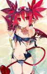  1girl alternate_costume bare_shoulders bat_wings beach bracelet breasts commentary cowboy_shot demon_girl demon_tail disgaea disgaea_rpg earrings etna eyebrows_visible_through_hair fang goggles goggles_on_head hair_between_eyes highres jewelry looking_at_viewer lying miyakawa106 navel on_back pointy_ears red_eyes redhead school_swimsuit sidelocks skull_earrings small_breasts swimsuit tail torn_clothes twintails undressing wet wings 