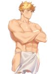  1boy abs bangs bara blonde_hair blush chest crossed_arms fundoshi granblue_fantasy green_eyes higashigunkan japanese_clothes looking_to_the_side male_focus muscle navel pectorals shiny shiny_hair shirtless solo toned toned_male upper_body vane_(granblue_fantasy) white_background 