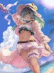  1girl dark_skin flower gae_bolg granblue_fantasy green_eyes green_hair hair_over_one_eye hat hat_flower highres holding holding_spear holding_weapon kolulu_(granblue_fantasy) long_hair looking_at_viewer navel nos open_mouth polearm skirt solo spear sun_hat swimsuit thigh_strap weapon 