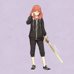  1girl absurdres alternate_costume artist_name bangs black_footwear black_hoodie black_pants celica_(fire_emblem) dakkalot dated earrings english_commentary fire_emblem fire_emblem_echoes:_shadows_of_valentia fire_emblem_heroes glasses gold_hairband hand_on_own_face highres holding holding_sword holding_weapon jewelry looking_at_viewer medium_hair pants red_eyes redhead solo standing sword track_pants vans weapon 