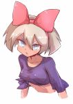  1girl :o alternate_costume bangs collarbone commentary_request eyelashes grey_eyes grey_hair gym_leader hair_between_eyes hairband kurachi_mizuki light_blush looking_at_viewer open_mouth pink_hairband pokemon pokemon_(game) pokemon_swsh purple_shirt saitou_(pokemon) shiny shiny_hair shirt short_hair simple_background solo tied_shirt tongue upper_body v-shaped_eyebrows white_background 