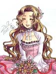  1girl 2017 :d bouquet brown_hair choker closed_eyes code_geass collarbone curly_hair dated facing_viewer flower hair_flower hair_intakes hair_ornament highres holding holding_bouquet long_hair long_skirt long_sleeves neck_ribbon nunnally_lamperouge open_mouth pink_flower pink_skirt ribbon roman_buriki shiny shiny_hair simple_background sitting sketch skirt smile solo very_long_hair white_background white_ribbon 