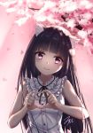  1girl absurdres animal_ear_fluff animal_ears bangs black_hair black_ribbon blunt_bangs bqhong cherry_blossoms closed_mouth commentary_request gokou_ruri heart heart_hands highres long_hair looking_at_viewer mole mole_under_eye ore_no_imouto_ga_konna_ni_kawaii_wake_ga_nai petals pink_eyes ribbon signature sleeveless smile solo upper_body 