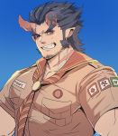 1boy alternate_costume bara beard black_hair chest facial_hair fang highres horns jewelry looking_at_viewer male_focus muscle necklace one_eye_closed pectorals rybiokaoru scar short_sleeves sideburns simple_background smile solo takemaru_(tokyo_houkago_summoners) teeth tokyo_houkago_summoners upper_body 