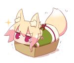  1girl animal_ear_fluff animal_ears bangs blonde_hair blush box cardboard_box detached_sleeves dress eyebrows_visible_through_hair folded_ponytail fox_ears fox_girl fox_tail full_body green_dress green_sleeves hair_between_eyes hair_bun hair_ornament in_box in_container kemomimi-chan_(naga_u) looking_at_viewer naga_u original red_eyes shadow sidelocks sleeveless sleeveless_dress solo sparkle tail tail_raised trembling v-shaped_eyebrows white_background 