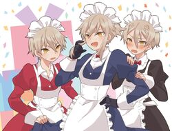  3boys alternate_costume alvin_granford apron black_dress blush bow bowtie braid brothers crossdressinging dress enmaided forked_eyebrows frilled_apron frills hair_between_eyes light_brown_hair maid maid_apron maid_dress maid_headdress male_focus multiple_boys open_mouth panunpa pop-up_story red_dress short_hair_with_long_locks siblings sidelocks smile waist_apron white_apron 