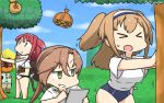  1other 3girls adapted_costume ahoge akigumo_(kantai_collection) asymmetrical_bangs bangs blue_sky blue_swimsuit braid brown_hair clouds commentary_request covered_navel crossover dated day doubutsu_no_mori green_eyes hair_flaps hair_ribbon hairband hamu_koutarou highres i-26_(kantai_collection) kantai_collection kawakaze_(kantai_collection) light_brown_hair long_hair low_twintails multiple_girls new_school_swimsuit outdoors ponytail pushing redhead remodel_(kantai_collection) ribbon scarf school_swimsuit shirt sidelocks sky swimsuit swimsuit_under_clothes t-shirt tanukichi_(doubutsu_no_mori) tree twin_braids twintails two_side_up very_long_hair white_scarf white_shirt yellow_eyes 