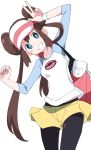  1girl arm_up bag black_legwear blue_eyes blush brown_hair clenched_teeth double_bun ixy long_hair looking_at_viewer mei_(pokemon) pantyhose pokemon pokemon_(game) pokemon_bw2 raglan_sleeves shorts simple_background solo teeth twintails v visor_cap white_background yellow_shorts 