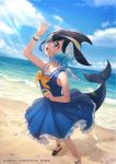 1girl bare_shoulders beach black_hair blonde_hair blowhole blue_dress blue_eyes blue_hair blue_sky blush bow bowtie commentary_request common_dolphin_(kemono_friends) dolphin_tail dorsal_fin dress eyebrows_visible_through_hair frilled_dress frills kemono_friends multicolored_hair namihaya official_art pleated_dress sailor_collar sand shoe_bow shoes short_hair sky sleeveless solo tail water white_frills wristband yellow_neckwear
