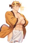  1boy abs bangs bara blonde_hair blush chest crossed_arms fundoshi granblue_fantasy green_eyes headband higashigunkan japanese_clothes looking_to_the_side male_focus muscle navel pectorals shiny shiny_hair solo sparkle toned toned_male upper_body vane_(granblue_fantasy) white_background 