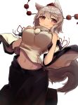  1girl animal_ears black_skirt breasts closed_mouth detached_sleeves hat highres inubashiri_momiji kurowa_(curowa) large_breasts long_skirt looking_at_viewer midriff navel pom_pom_(clothes) red_eyes shirt short_hair silver_hair simple_background skirt solo tail tokin_hat touhou white_background white_shirt wide_sleeves wolf_ears wolf_tail 
