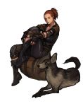  1girl barrel boots buckle cheyenne_(fallout) dog fallout_new_vegas full_body highres looking_at_viewer penett ponytail redhead sitting sunny_smiles transparent_background 