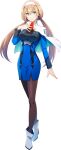  1girl bangs blue_eyes blue_skirt breasts capelet crossed_legs hair_behind_ear hairband hand_on_own_chest head_tilt highres long_hair looking_at_viewer medium_breasts mitsuba_greyvalley official_art open_hand pantyhose skirt smile sogabe_shuuji solo super_robot_wars super_robot_wars_30 transparent_background twintails uniform watson_cross white_capelet white_hairband 