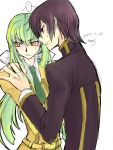  ... 2017 ashford_academy_uniform bangs black_jacket bow brown_hair c.c. code_geass collared_shirt couple dated eyebrows_visible_through_hair green_hair green_neckwear hair_between_eyes hair_bow hand_on_another&#039;s_shoulder highres jacket lelouch_lamperouge long_hair long_sleeves looking_back necktie orange_eyes roman_buriki shirt signature sketch speech_bubble sweatdrop v-shaped_eyebrows very_long_hair violet_eyes white_bow white_shirt wing_collar yellow_jacket 