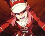  1girl bangs commentary_request eyelashes hair_between_eyes hat jakuzure_nonon kill_la_kill open_mouth outstretched_arms pink_eyes pink_hair red_background red_headwear sidelocks solo soyasengoku symphony_regalia teeth tongue uniform v-shaped_eyebrows 