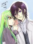  1boy 1girl 2018 belt black_belt blue_background brown_hair c.c. code_geass dated green_hair grey_shirt highres jacket leaning_to_the_side lelouch_lamperouge long_hair long_sleeves open_clothes open_jacket roman_buriki shiny shiny_hair shirt signature straight_hair upper_body very_long_hair violet_eyes whispering white_jacket yellow_eyes 