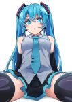  1girl :o arm_support bangs bare_shoulders black_hair black_legwear black_sleeves blue_eyes blue_hair breasts commentary_request detached_sleeves hair_between_eyes hatsune_miku highres long_hair looking_at_viewer looking_down necktie open_mouth pov simple_background sitting skirt sleeveless solo thigh-highs twintails very_long_hair vocaloid white_background yufu_toyomimasu 