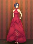  1girl absurdres alternate_costume alternate_hairstyle artist_name bangs bare_arms bare_shoulders blue_eyes breasts collarbone commentary_request dress full_body hair_over_one_eye hand_on_hip highres indoors kazamidori_haruka kirishima_touka large_breasts long_dress looking_at_viewer pumps purple_hair red_dress red_footwear see-through short_hair solo standing tokyo_ghoul 