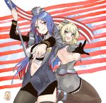  3girls absurdres american_flag anchor asymmetrical_legwear bitchcraft123 black_gloves black_legwear black_neckwear blonde_hair blue_eyes blue_neckwear breasts capelet chibi colorado_(kantai_collection) dress elbow_gloves front-tie_top garrison_cap gloves grey_dress grey_headwear hat headgear high_heels highres iowa_(kantai_collection) kantai_collection large_breasts multicolored multicolored_background multicolored_hair multiple_girls necktie pantyhose pleated_dress red_stripes rudder_footwear shirt short_hair side_braids sideboob single_thighhigh skirt sleeveless south_dakota_(kantai_collection) striped striped_legwear thigh-highs underbust vertical-striped_legwear vertical-striped_skirt vertical_stripes white_shirt 