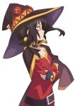  1girl bare_shoulders black_cape black_gloves black_headwear brown_hair cape eyebrows_visible_through_hair fingerless_gloves gloves hat kono_subarashii_sekai_ni_shukufuku_wo! looking_at_viewer megumin official_art red_eyes short_hair simple_background solo third-party_source upper_body white_background witch_hat 
