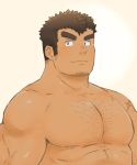  1boy abs bara blush body_hair brown_hair chest chest_hair facial_hair goatee highres kengo_(tokyo_houkago_summoners) male_focus manly muscle nipples pectorals shirtless solo thick_eyebrows tokyo_houkago_summoners upper_body yanutorie 