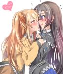  2girls ? @_@ black_hair black_serafuku blue_eyes blue_neckwear blue_skirt blush brown_skirt cardigan closers collared_shirt eyebrows_visible_through_hair fingerless_gloves gloves hair_ornament hairclip heart highres imminent_kiss jeongmi_woo korean_commentary korean_text long_hair maze_yuri multiple_girls necktie pleated_skirt school_uniform serafuku shirt skirt sweat two_side_up white_shirt yellow_cardigan yellow_eyes yuri yuri_seo 