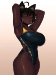  1girl :o animal_ear_fluff animal_ears arms_behind_head cat_ears dark_skin earrings highres hoop_earrings jewelry kevbot looking_at_viewer one-piece_swimsuit original red_eyes shiny shiny_skin sweat swimsuit thighs toned very_dark_skin wet wet_clothes white_background 