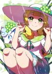  1girl absurdres alolan_form alolan_vulpix alternate_costume bangs blonde_hair blunt_bangs blush braid closed_mouth commentary_request dress eyelashes gen_7_pokemon green_eyes green_ribbon hands_on_headwear hat highres knees lillie_(pokemon) long_hair pokemon pokemon_(anime) pokemon_(creature) pokemon_sm_(anime) rain ribbon sleeveless sleeveless_dress smile sun_hat taisa_(lovemokunae) twin_braids water white_headwear 