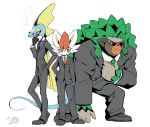  3boys adjusting_neckwear ahoge animal_ears artist_name black_gloves black_jacket black_pants blue_neckwear cigarette cinderace closed_mouth clothed_pokemon commentary_request formal full_body furry gen_8_pokemon glasses gloves green_hair green_neckwear grey_footwear half-closed_eyes hand_in_pocket hand_on_hip hand_up happy heel_up highres holding huge_ahoge inteleon jacket jpeg_artifacts lizard_tail long_sleeves looking_to_the_side male_focus mouth_hold multiple_boys necktie pants pince-nez pokemon pokemon_(creature) rabbit_ears red_neckwear redhead rillaboom shirt shoes short_hair shourin_bonzu signature simple_background smile smoke smoking standing suit sunglasses tail white_shirt yellow_eyes 