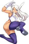  1girl absurdres animal_ears arm_up armpits ass attack bare_arms boku_no_hero_academia bunny_tail fur_collar gloves grin highleg highleg_leotard highres incoming_attack kicking kook leotard long_hair looking_at_viewer mirko motion_blur purple_legwear rabbit_ears rabbit_girl red_eyes simple_background smile solo superhero tail teeth thigh-highs v-shaped_eyebrows white_background white_hair white_leotard 