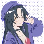  1girl :p bad_id bad_twitter_id black_hair blush copyright_request hand_up hat highres jacket long_hair long_sleeves looking_at_viewer purple_headwear purple_jacket smile solo tongue tongue_out v yellow_eyes yp_(pypy_5_) 