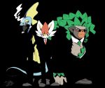  3boys adjusting_neckwear ahoge animal_ears artist_name black_background black_gloves black_jacket black_pants black_theme blue_neckwear cigarette cinderace closed_mouth clothed_pokemon commentary_request formal full_body furry gen_8_pokemon glasses gloves green_hair green_neckwear grey_footwear half-closed_eyes hand_up happy heel_up highres holding huge_ahoge inteleon jacket jpeg_artifacts lizard_tail long_sleeves looking_to_the_side male_focus mouth_hold multiple_boys necktie pants pince-nez pokemon pokemon_(creature) rabbit_ears red_neckwear redhead rillaboom shirt shoes short_hair shourin_bonzu signature simple_background smile smoke smoking standing suit sunglasses tail white_shirt yellow_eyes 
