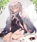  1girl bandaged_leg bandaged_neck bandages bangs bare_shoulders blood blood_bag blue_eyes blush dress eyebrows_visible_through_hair girls_frontline grey_hair gun hair_between_eyes intravenous_drip kneehighs leaf long_hair open_mouth ribeyrolles_1918_(girls_frontline) side_cutout single_kneehigh sitting solo soukou_makura tears weapon white_legwear 