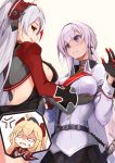  3girls admiral_hipper_(azur_lane) antenna_hair azur_lane bangs black_choker blue_eyes breast_grab brown_eyes choker cross cross_earrings earrings gloves grabbing highres iron_cross jewelry long_hair mainz_(azur_lane) marshall_k mole multicolored_hair multiple_girls prinz_eugen_(azur_lane) redhead sheath sheathed silver_hair streaked_hair swept_bangs sword two_side_up weapon white_hair 