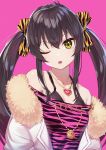  1girl absurdres animal_print bare_shoulders black_hair camisole coat collarbone commentary_request eyebrows_visible_through_hair fur_trim hair_between_eyes heart heart_necklace highres huge_filesize idolmaster idolmaster_cinderella_girls jewelry leopard_print long_hair looking_at_viewer matoba_risa necklace off-shoulder_shirt off_shoulder one_eye_closed open_mouth pink_background print_ribbon ribbon shirt sidelocks simple_background solo spaghetti_strap tsunenorip twintails upper_body yellow_eyes 