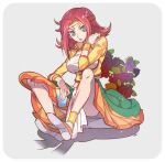  1girl alternate_costume blue_eyes breasts code_geass crop_top cup flower full_body grey_background hair_intakes hair_ornament holding holding_cup kallen_stadtfeld lac. long_hair long_skirt looking_at_viewer medium_breasts open_mouth orange_skirt red_flower red_rose redhead rose shiny shiny_hair sitting skirt solo 