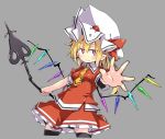  1girl black_legwear blonde_hair blush commentary_request cowboy_shot cropped_legs crystal flandre_scarlet grey_background hat hat_ribbon holding holding_spear holding_weapon laevatein long_hair looking_at_viewer mob_cap necktie noya_makoto outstretched_arm pointy_ears polearm red_eyes red_ribbon red_skirt red_vest ribbon side_ponytail simple_background skirt solo spear thigh-highs tie_clip touhou vest weapon white_headwear wings yellow_neckwear 