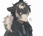  !! 1boy animal_ears black_coat black_hair closed_mouth coat commentary_request dog_ears fur_trim grey_background grey_hair hair_between_eyes holostars kageyama_shien looking_at_viewer male_focus multicolored_hair namakawa portrait serious simple_background sketch solo streaked_hair virtual_youtuber yellow_eyes 