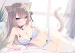  1girl animal_ear_fluff animal_ears bangs bare_arms bare_shoulders bed_sheet bell bell_collar blue_bra blue_collar blue_eyes blue_panties blush bow bow_bra bow_panties bra breasts brown_hair cat_ears cat_girl cat_tail closed_mouth collar collarbone eyebrows_visible_through_hair frilled_panties frills hair_between_eyes hair_ornament hairclip highres hoshi_(snacherubi) jingle_bell long_hair looking_at_viewer lying mole mole_on_breast navel on_side original panties solo tail thigh-highs underwear underwear_only very_long_hair white_legwear window 