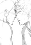  2boys animal_ears bangs bara blush chest close-up closed_eyes couple facial_hair forked_eyebrows goatee greyscale gunzo_(tokyo_houkago_summoners) imminent_kiss looking_at_another lumentunes male_focus monochrome multiple_boys muscle noses_touching pectorals sideburns sketch thick_eyebrows tokyo_houkago_summoners upper_body wakan_tanka white_background yaoi 