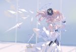  1girl arcaea bare_shoulders blonde_hair dress hair_ornament highres looking_at_viewer looking_to_the_side medium_hair open_mouth reset solo standing violet_eyes white_dress 