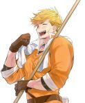  1boy bangs bara blonde_hair blush brown_gloves chest closed_eyes from_side gloves granblue_fantasy holding male_focus mm86262394 open_mouth polearm shirt sleeves_rolled_up smile solo toned toned_male upper_body vane_(granblue_fantasy) weapon white_background 