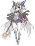  1girl :o ass_visible_through_thighs barefoot black_cape breasts cape copyright_request flower full_body grey_flower grey_hair grey_leotard grey_rose grey_skin hair_flower hair_ornament headpiece holding holding_staff karukan_(monjya) leotard long_hair long_sleeves looking_at_viewer parted_lips pointy_ears rose simple_background small_breasts solo staff tiara very_long_hair violet_eyes white_background 