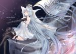  1girl absurdly_long_hair absurdres artist_name artist_request ass azur_lane bare_shoulders black_gloves black_legwear blue_hair champagne_(azur_lane) closed_eyes crown dress elbow_gloves feet_out_of_frame flag floating_headgear gloves highres iris_libre_(emblem) long_hair solo string thigh_strap very_long_hair white_dress 