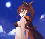  1girl bangs bare_arms bare_shoulders bikini black_bikini black_cape blue_sky braid breasts brown_hair cape character_request clouds cloudy_sky commentary_request day eyebrows_visible_through_hair from_below from_side long_hair medium_breasts nemu_mohu orange_cape outdoors ponytail re:zero_kara_hajimeru_isekai_seikatsu sky smile solo swimsuit two-tone_cape upper_body yellow_eyes 