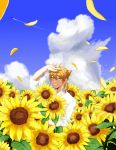  1boy absurdres aircraft airplane bad_hands bangs blue_sky brown_eyes brown_hair clouds cloudy_sky collared_shirt commentary_request condensation_trail day eyebrows_visible_through_hair field flower flower_field fushimi_gaku grin hair_between_eyes highres jewelry looking_at_viewer low_ponytail male_focus mole mole_under_eye nijisanji object_hug outdoors petals ponytail ring shirt short_sleeves sky smile solo sunflower tsumetsume_zerii white_shirt yellow_flower 