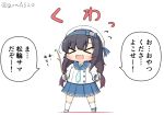  &gt;_&lt; 1girl black_hair blue_neckwear blue_ribbon blue_sailor_collar blue_skirt chibi closed_eyes commentary_request full_body gloves goma_(yoku_yatta_hou_jane) gradient_hair hat kantai_collection kneehighs long_hair long_sleeves matsuwa_(kantai_collection) multicolored_hair neckerchief open_mouth pleated_skirt purple_hair ribbon sailor_collar sailor_hat school_uniform serafuku simple_background skirt solo standing translation_request twig twitter_username white_background white_gloves white_headwear white_legwear 